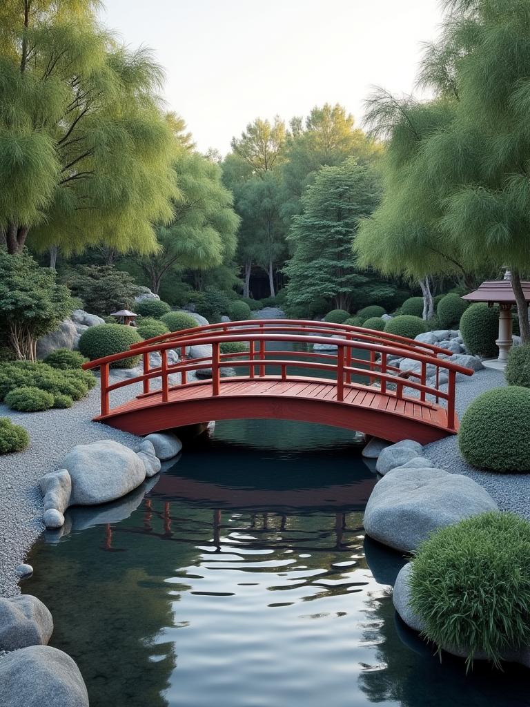 Puente estilo japonés zen en jardín de Valencia